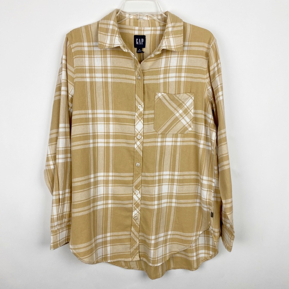 GAP Relaxed‎ Fit Flannel Shirt Tan White Jodie Plaid Cotton Button Down New